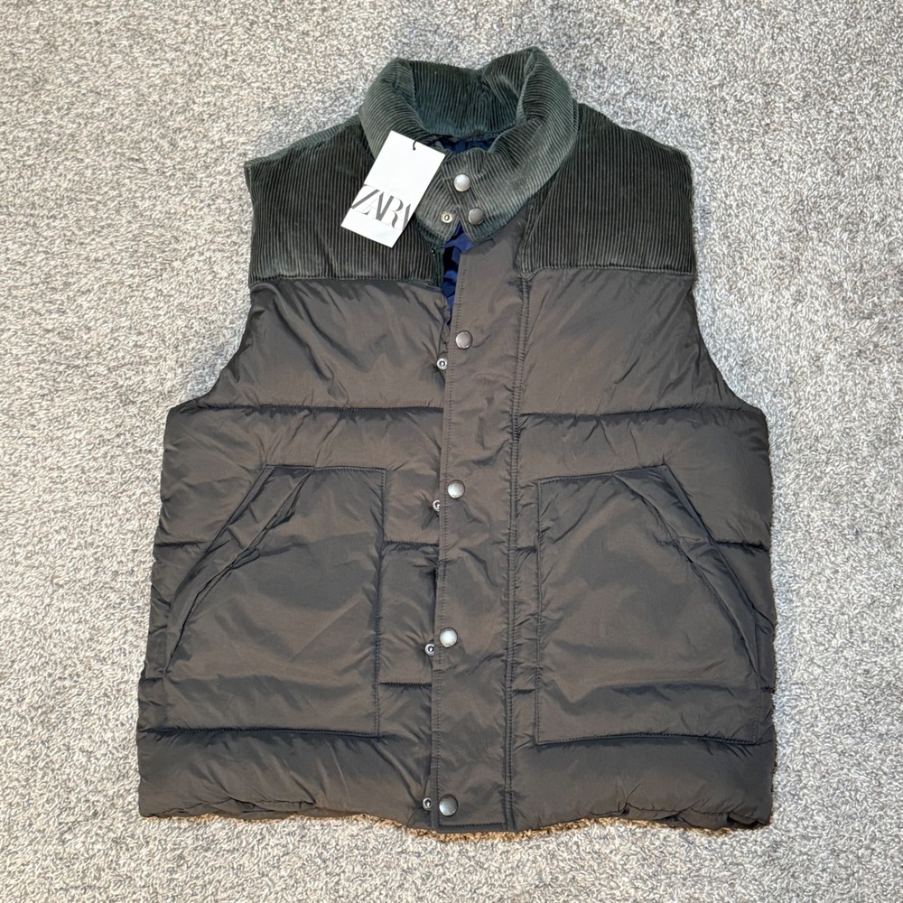 Zara Kids Puffer Vest Corduroy Collar Olive Green Size 13-14 164cm 5992/582/501
